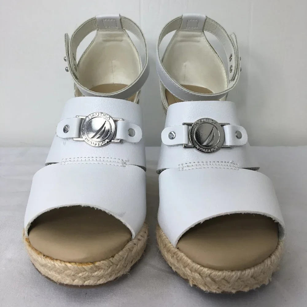 Nautica White Wedge Espadrille Open Toe Heel Sandal Size 8.5 GREAT Condition